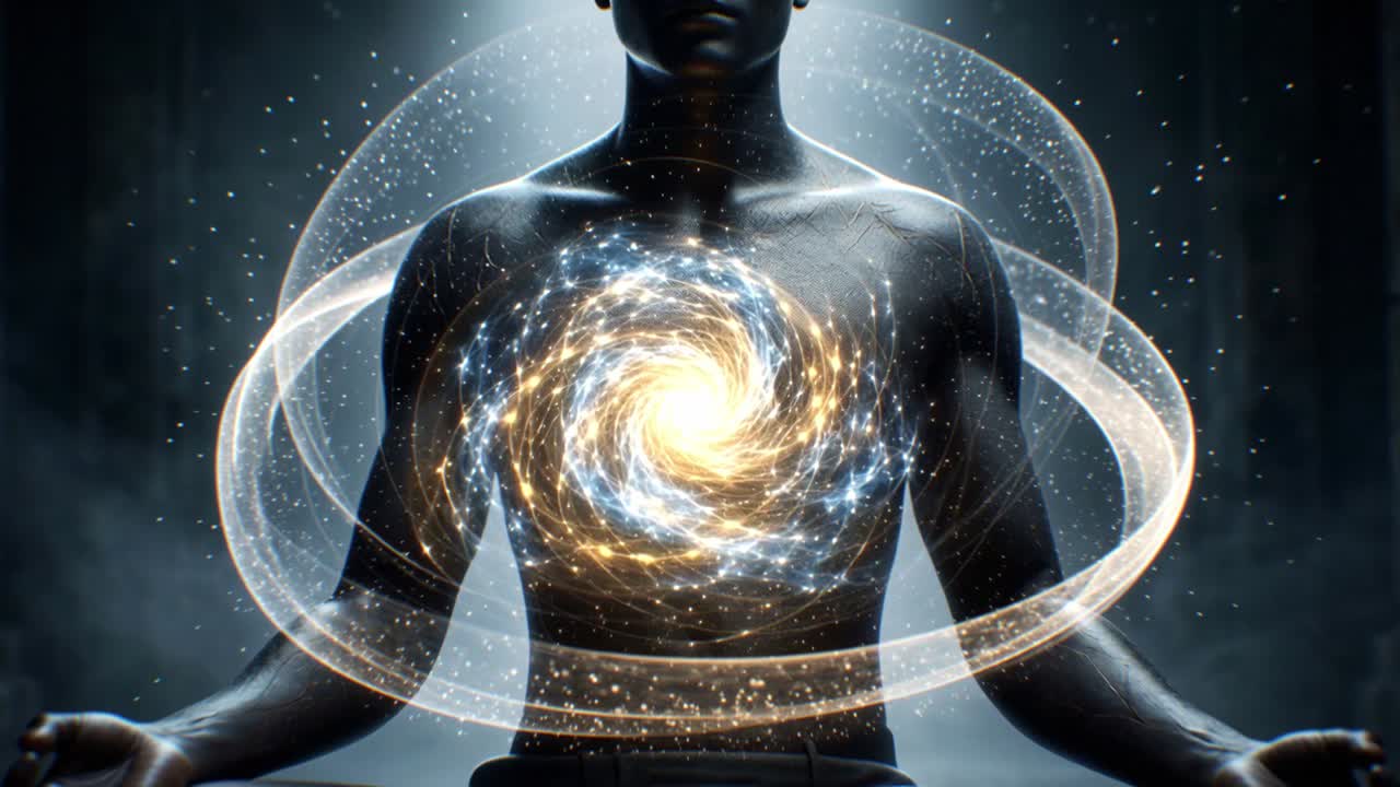 Una persona che medita mentre una galassia a spirale luminosa ruota nel petto, con anelli luminosi che si muovono attraverso un corridoio buio.