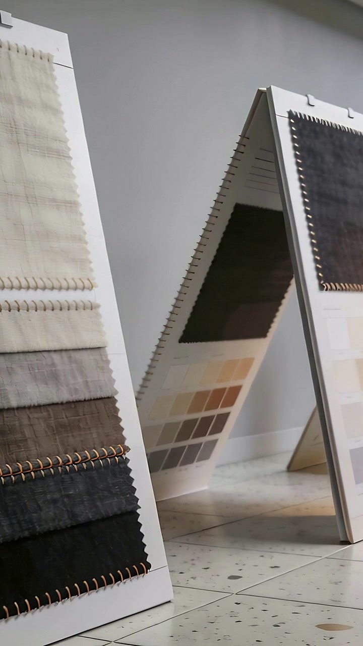 Vertical video: Sliding camera framing two sample stands in shop revealing dark swatch and chips