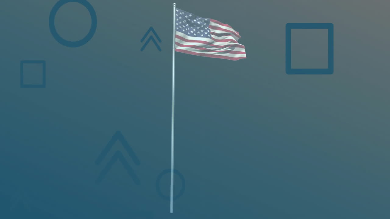 American flag being animated waving gently on tall pole amid flat design digital geometric overlays