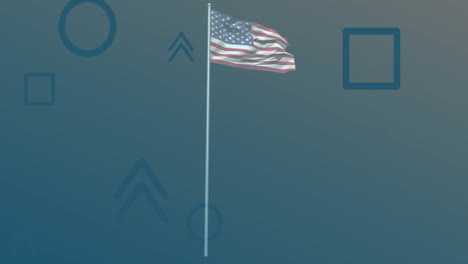 american flag being animated waving gently on tall pole amid flat design digital geometric overlays