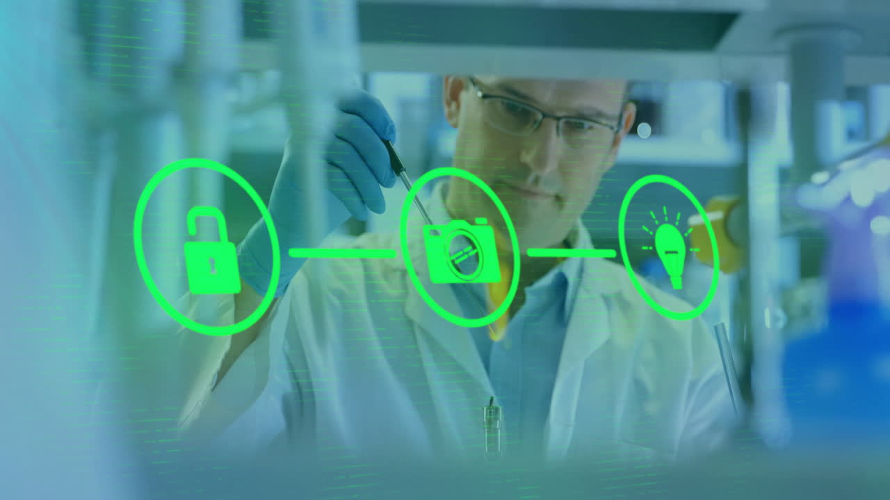 In laboratory, scientist working with animation and digital security icons overlay