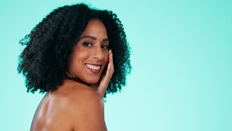 black woman, face and afro with smile in beauty