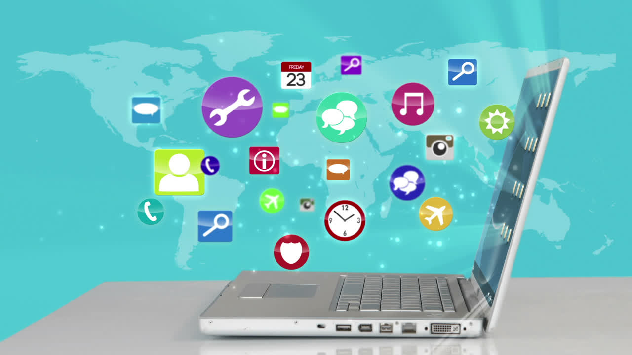 iconos coloridos apareciendo por el portátil