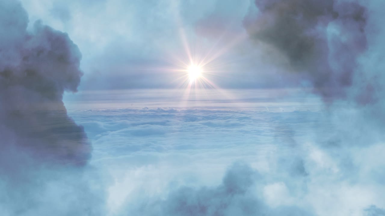 ue 하늘과 태양이 빛나는 구름을 통해 루프 비행