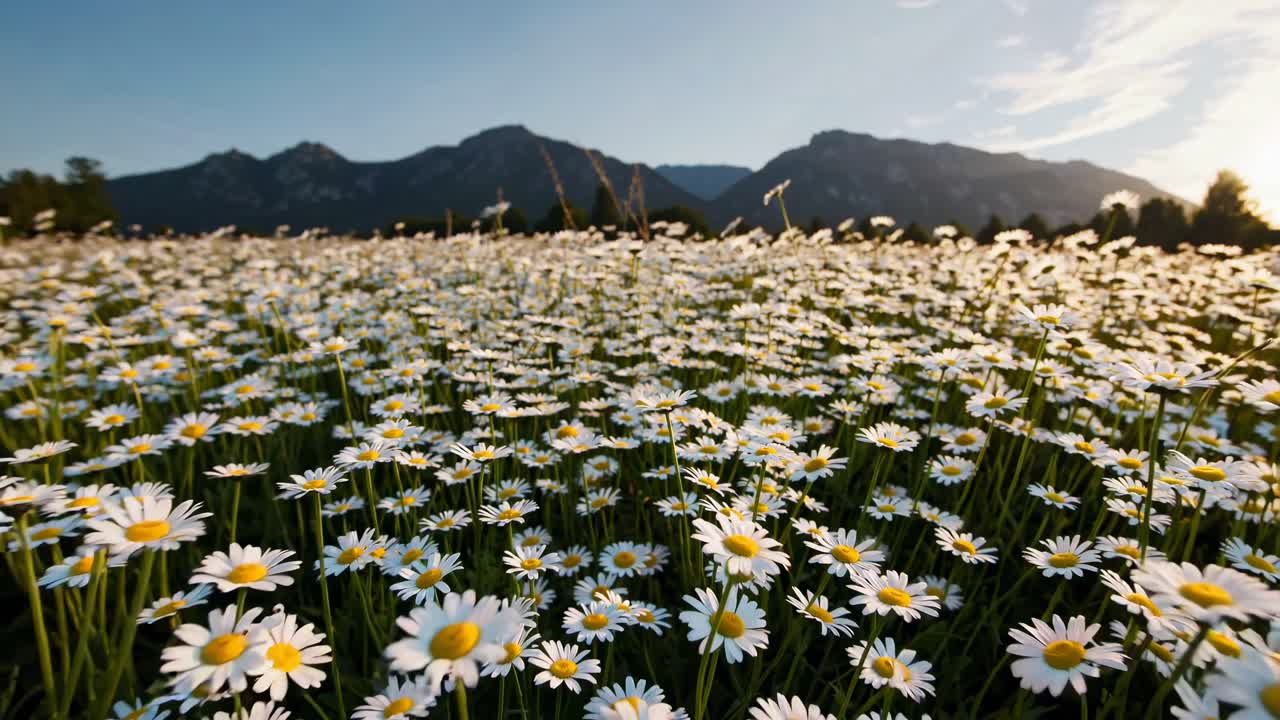 A wide-angle video captures a vast field of daisies under a clear sky, with mountains