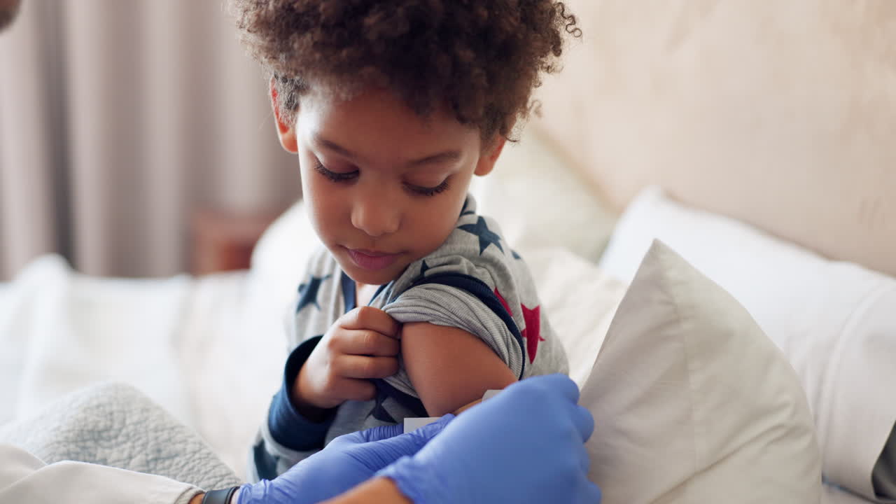 Vaccine, plaster and bedroom child