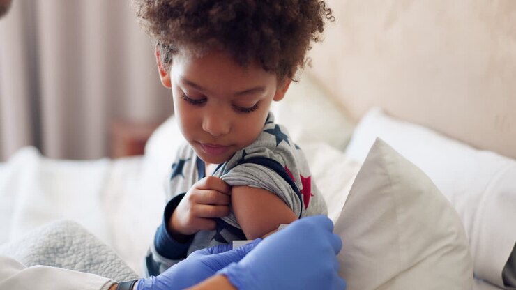 Vaccine, plaster and bedroom child