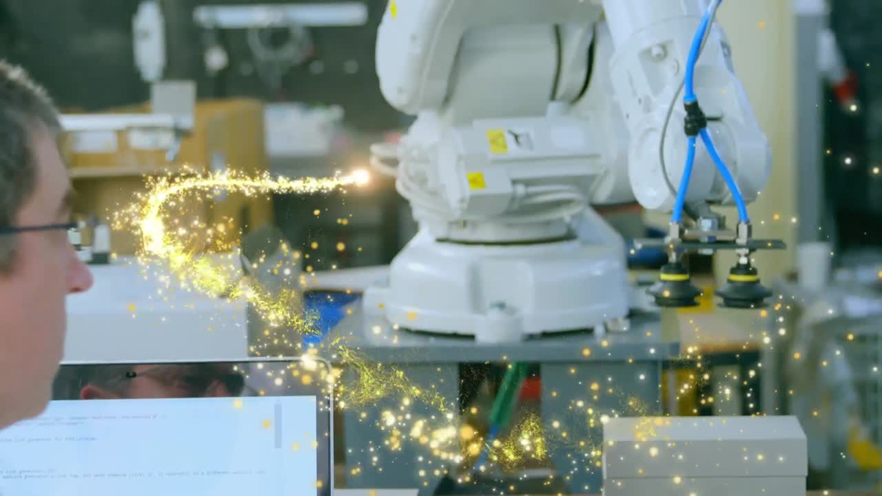 Animation of shooting star over male scientist with robot