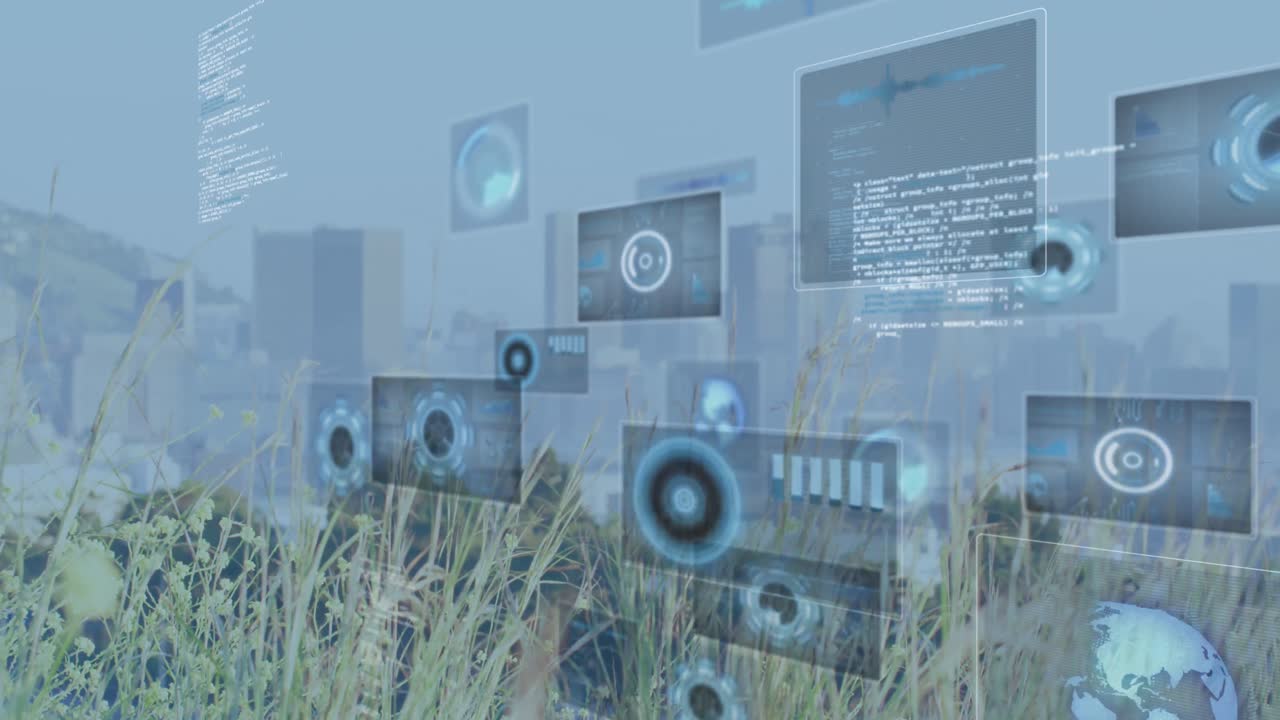 Animation of data processing with scope scanning over cityscape