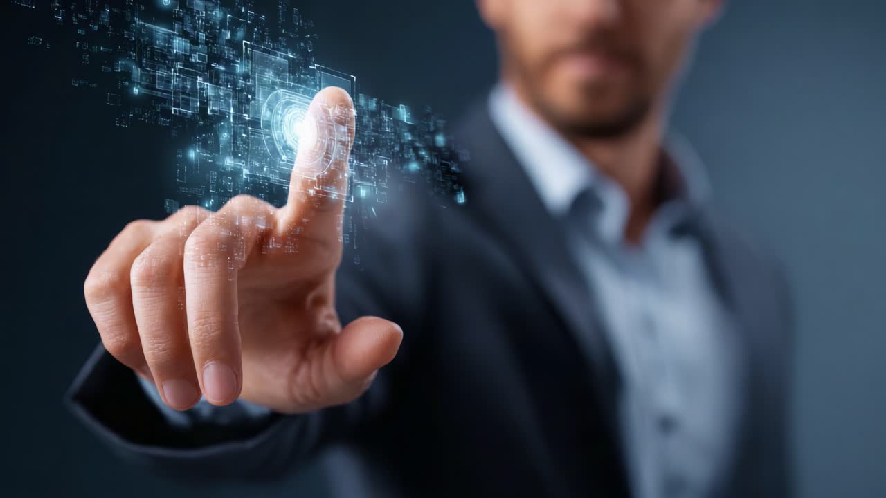 Un uomo d'affari con la tecnologia digitale: mentre tocca un'interfaccia virtuale con un pulsante luminoso ed elementi di flusso dati per soluzioni innovative