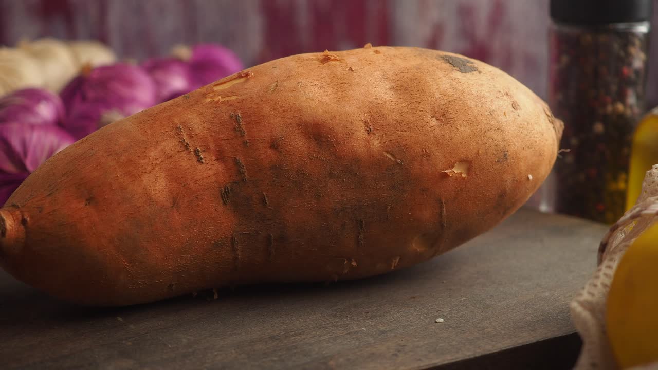 Close-up de batata-doce em tábua de madeira com ingredientes de cozinha
