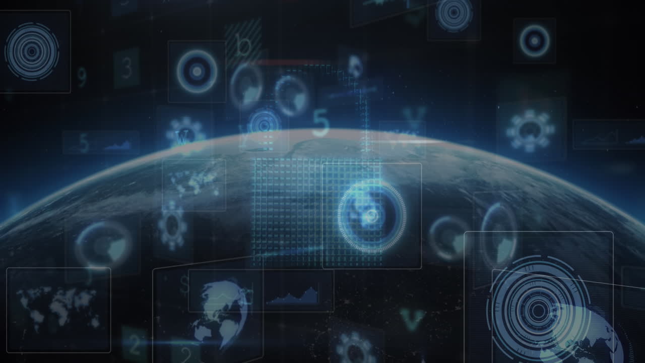 Animation of scope scanning with icons and data processing over globe