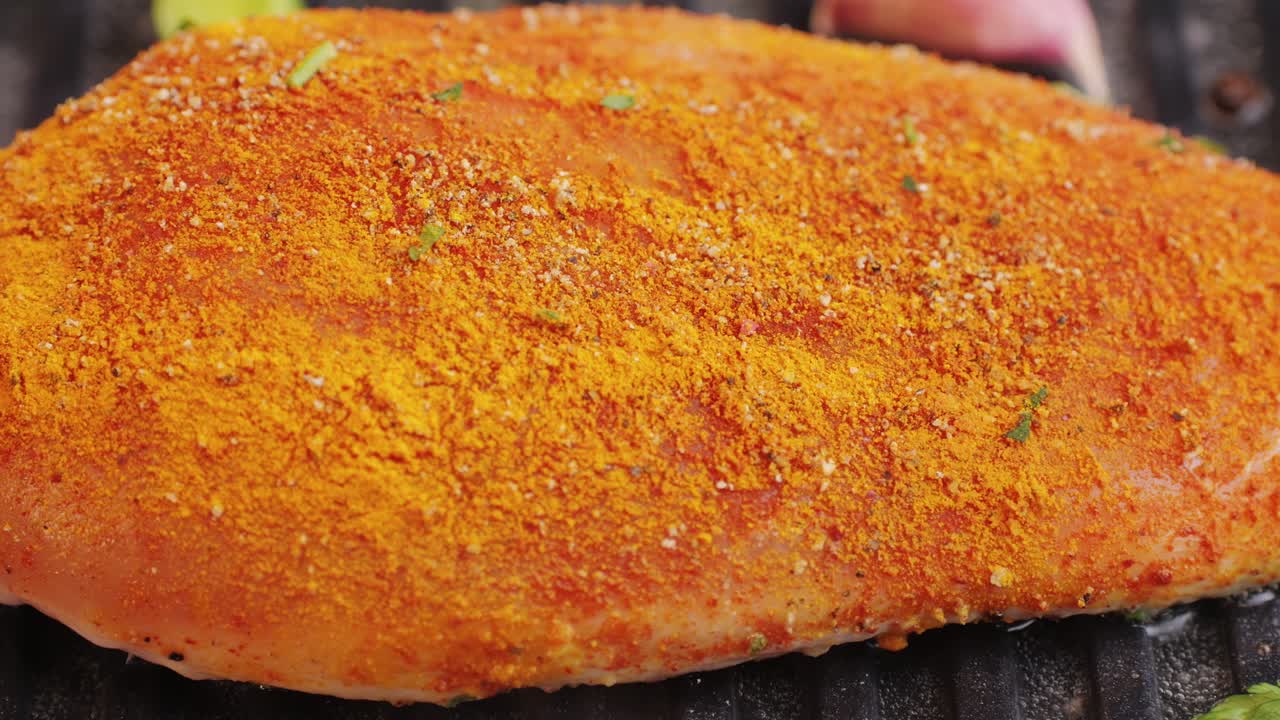 Cooking raw chicken meat in yellow turmeric spice with garlic and greens on grill close-up. Preparing raw food for cooking. Grilled chicken, duck, turkey kebab with vegetables.