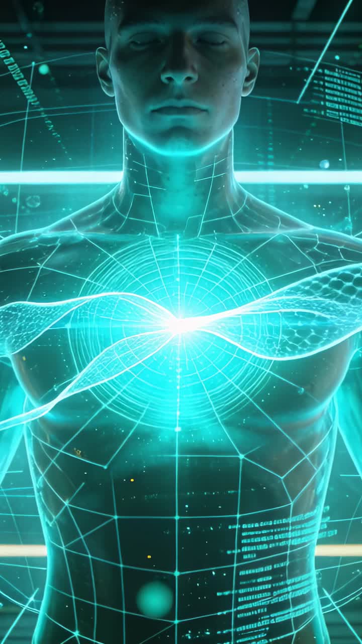 Vertical video: 3D torso undergoing holo scan, core pulsing initiating ribbon spreading for ID scan
