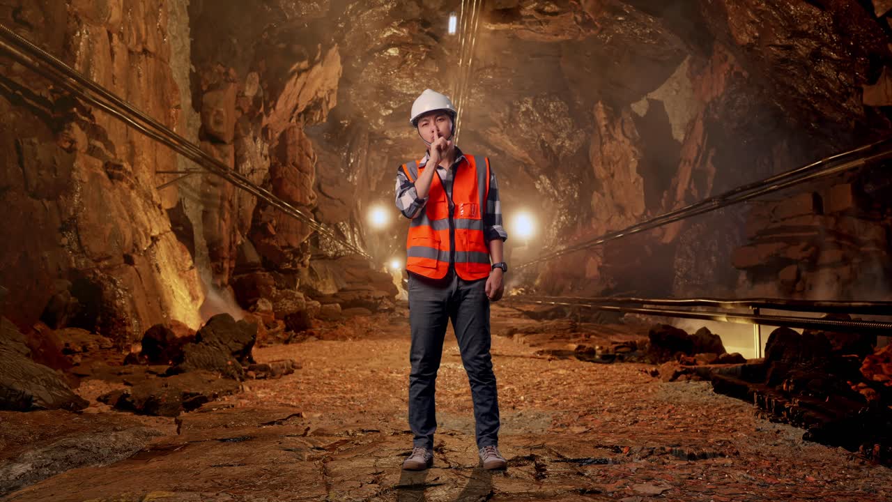 Full Body Of Asian Male Engineer With Safety Helmet Making Shh Gesture While Standing In Underground Mine Tunnel