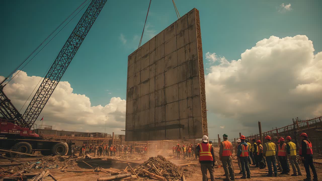 Mobile crane extending boom and lifting wall panel on construction site, riggers guiding alignment