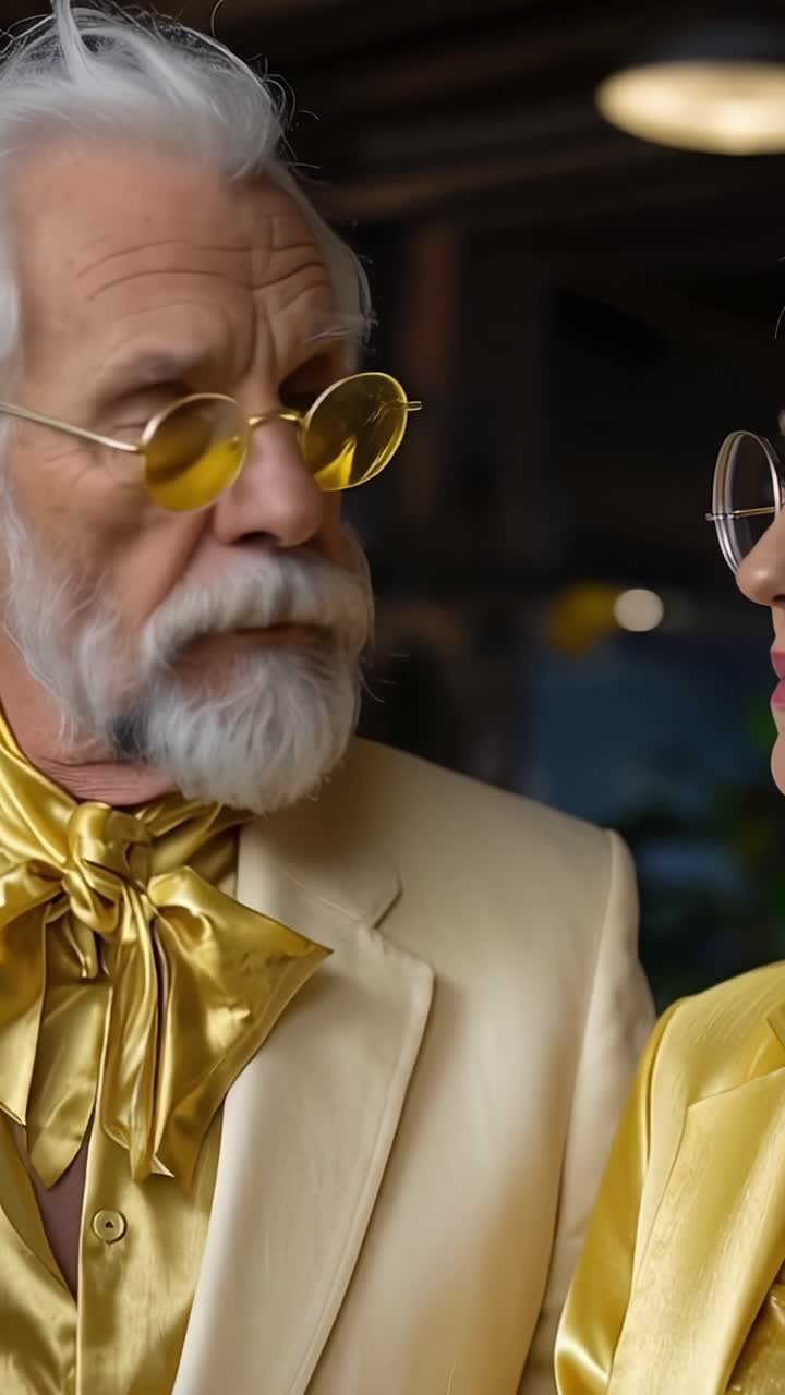 Elegante Coppia Anziana in Raffinato Abbigliamento e Accessori Gialli Trasuda Glamour e Sicurezza, Muovendosi in un Contesto Moderno di Moda Sofisticata