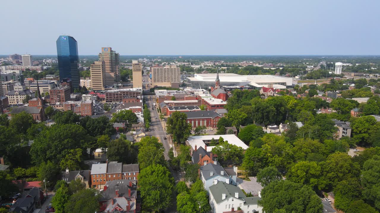 Green trees and modern downtown of Lexington, Kentucky, aerial drone view