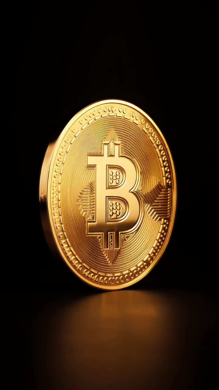 Animazione rotante di Bitcoin dorato su sfondo scuro, criptovaluta cinematografica 4K.