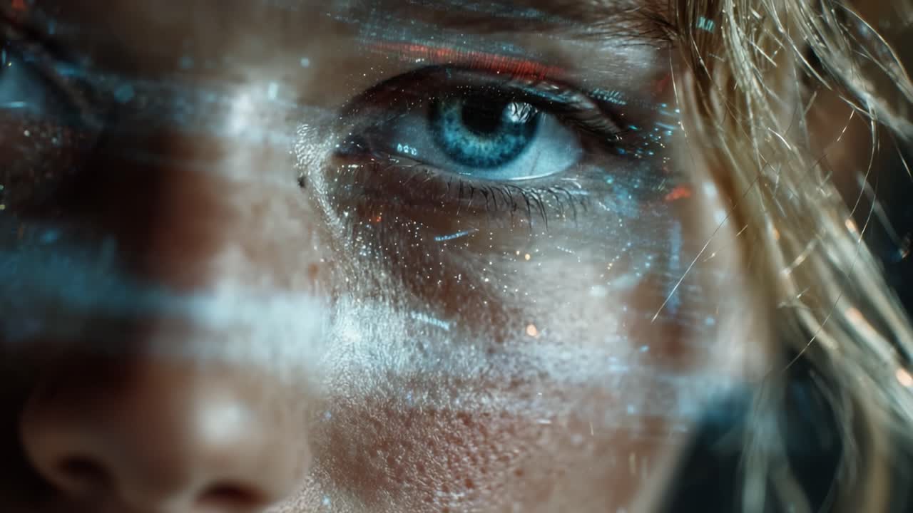A Captivating Close-Up of a Human Eye with Overlay Effects Reflecting Technology and Emotions, Showcasing a Blend of Human and Digital Elements