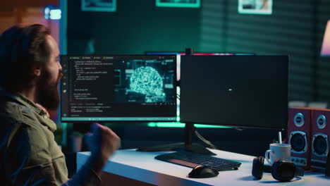 ecstatic developer punching desk in excitement after achieving ai singularity