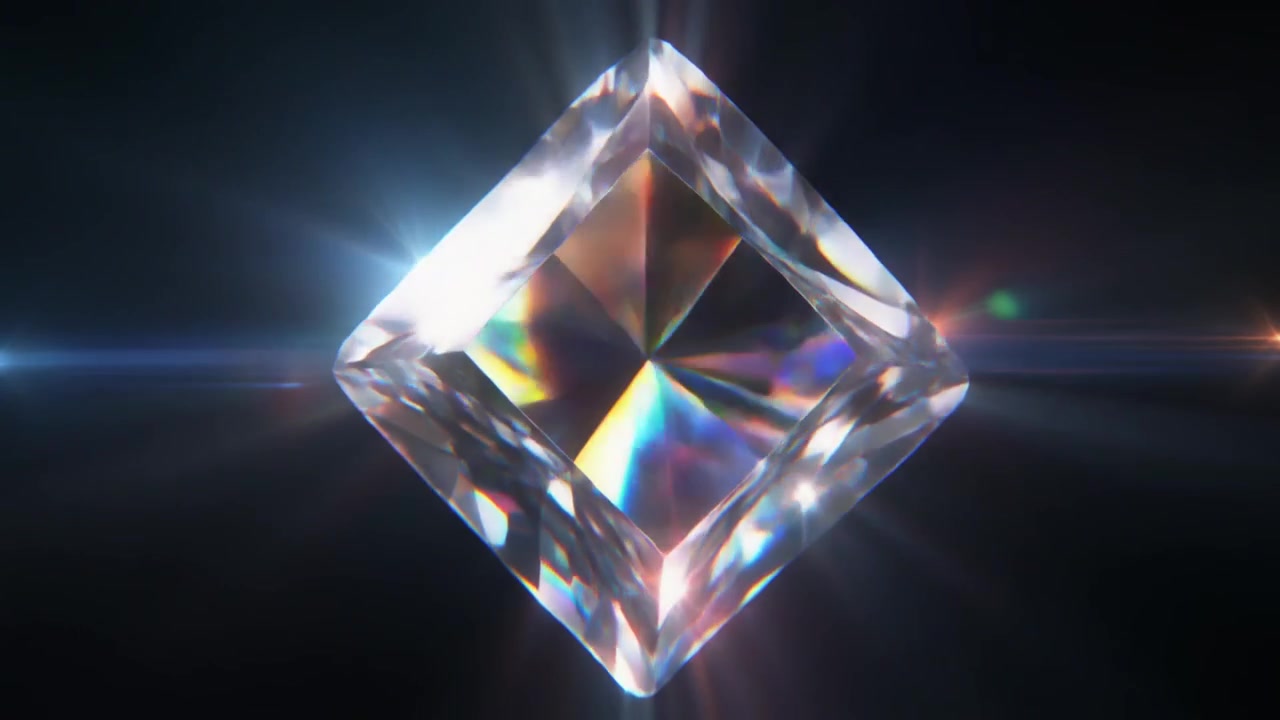 Diamante taglio princess rotante con bagliori di luce radiosi