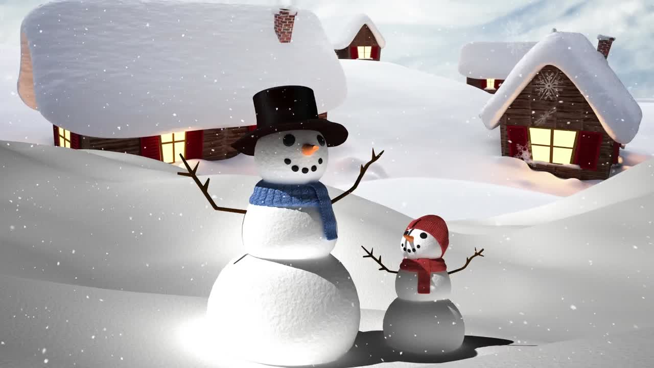 겨울 풍경에서 미소 짓는 두 명의 스노우맨 위에 내리는 눈의 애니메이션