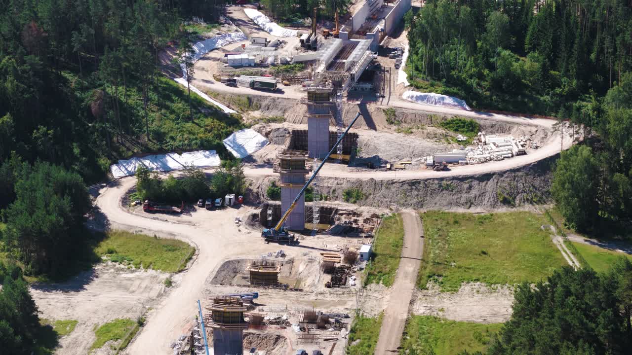 Construction site of Rail Baltica bridge over Neris River, aerial view