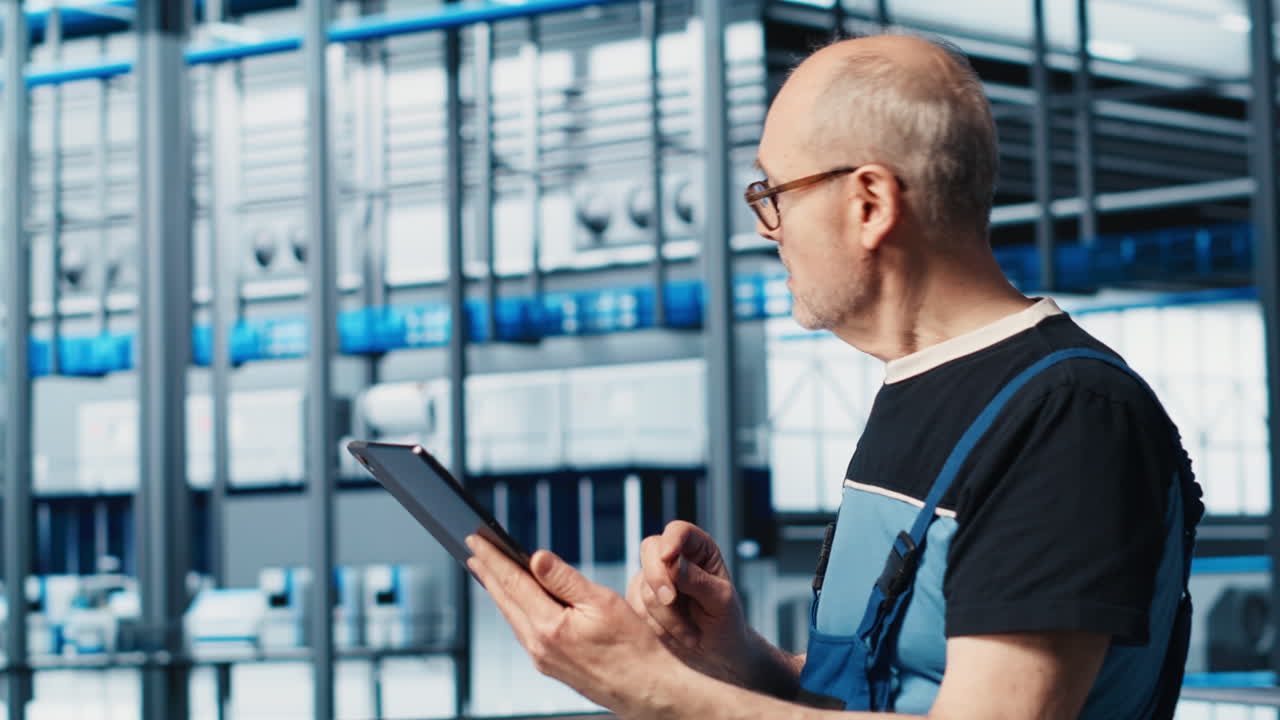 Senior engineer in smart photovoltaics factory looking at performance metrics