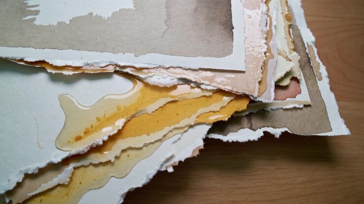 Seeping amber liquid from right edge soaking stacked deckled papers on wood table, darkening washes