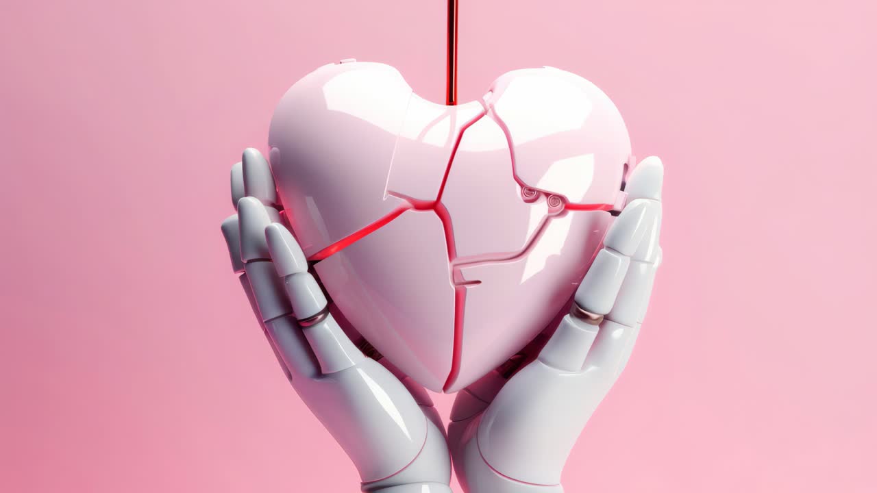 Ein futuristisches Videokonzept mit Roboterhänden, die ein gebrochenes Herz halten