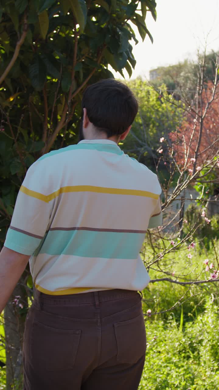 Man Walks With A Basket In The Countryside Under The Sun
