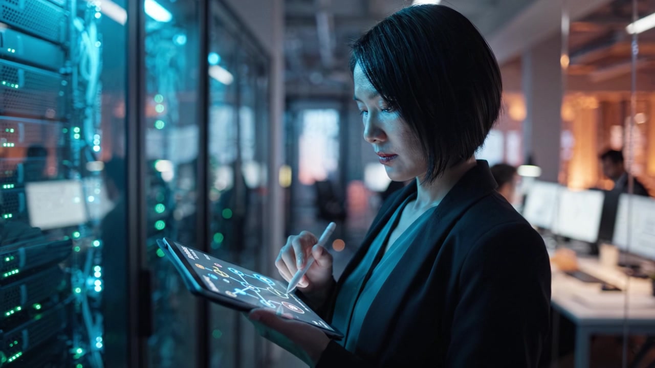 Professional woman using a digital tablet to analyze data in a high-tech server room, showcasing modern technology and analytics in a corporate environment.