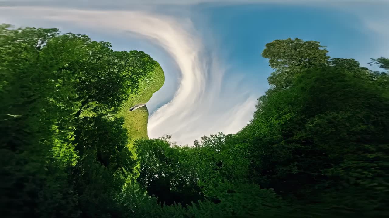 Swirling camera revealing moss-covered rocky shore at coast, unwinding treetop ring to expose sky
