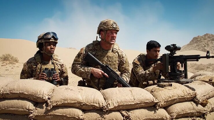 Personale Militare in Pattuglia: Soldati Impegnati nella Sorveglianza e nella Comunicazione da una Posizione Fortificata in un Ambiente Desertico