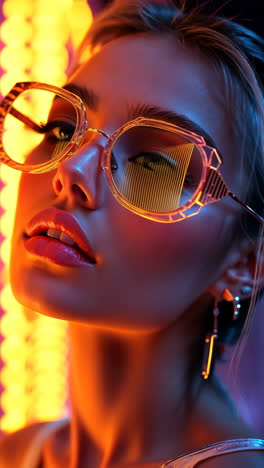 stylish woman poses with oversized sunglasses under neon lights