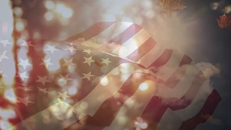 digital composition of american waving flag over autumn leaves falling against clouds in the sky