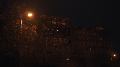 the hungarian parliament building in budapest with trees and lights during nighttime - close up shot