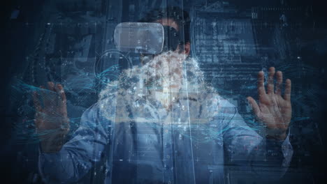 escaneo de alcance contra el hombre usando auriculares de realidad virtual y tráfico de la ciudad