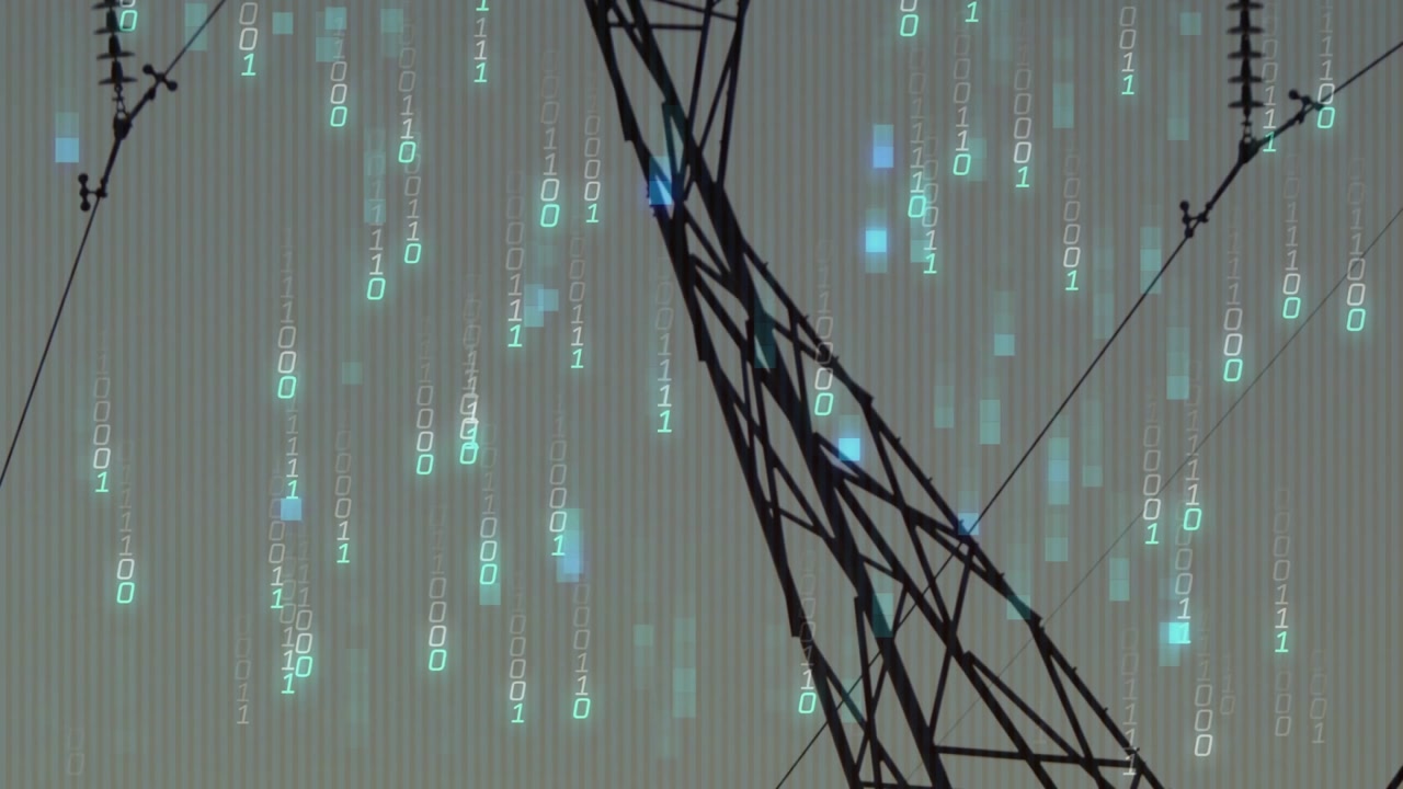 Binary digits appearing at dusk sparking data rain as camera tilting up tower visualizing data flow