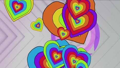 Animation-of-lgbtqi-hearts-shapes-over-circles-against-arrows-on-white-background