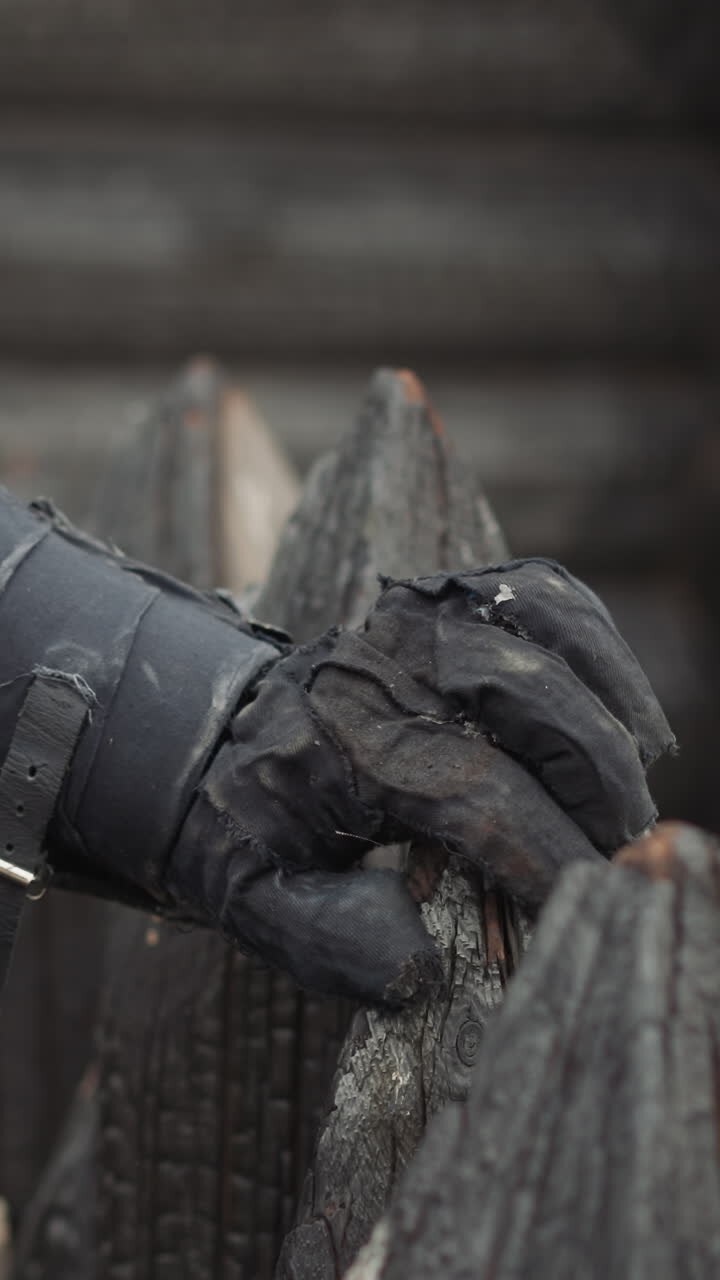 Black knight hand rests on spiky wooden fence. Evil warrior strikes ground with spear angrily waiting for opponent to come to duel closeup on blurred background