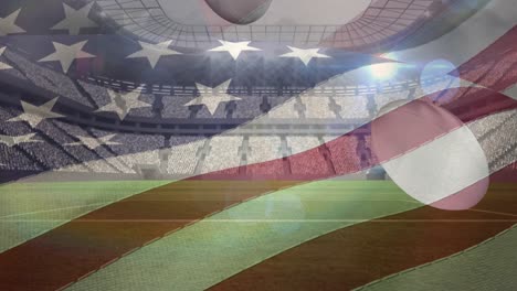 Schwenkende-Amerikanische-Flagge-über-Mehreren-Rugbybällen,-Die-Gegen-Das-Sportstadion-Fallen