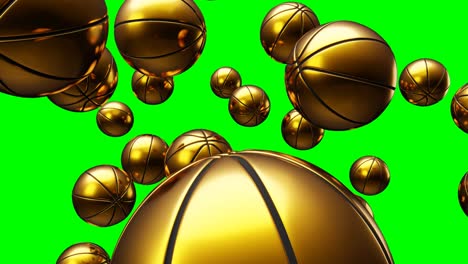 many gold basketball balls on green chroma key.