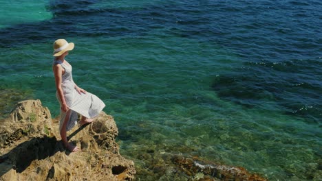 a woman in a summer dress stands on the beach 1