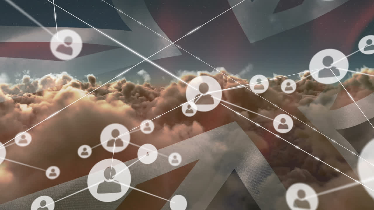 영국  ⁇ 발과 구름진 하늘 위의 연결 네트워크와 아이콘의 애니메이션