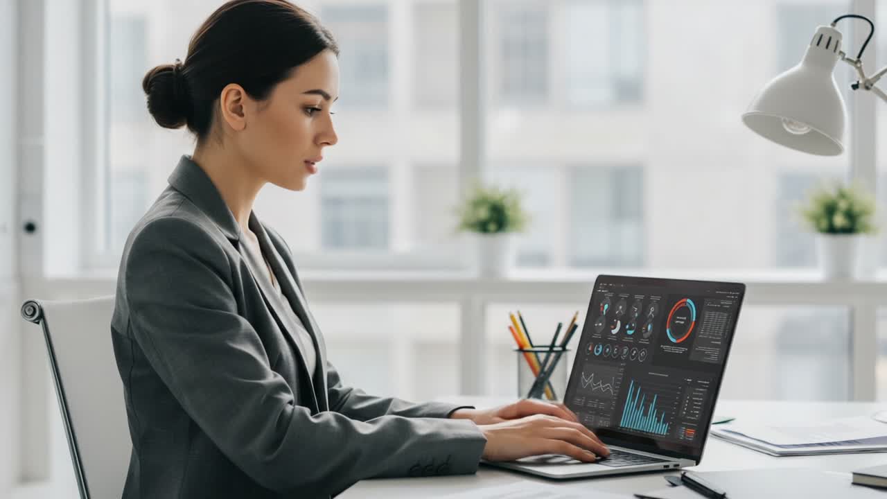 Focused Business Professional Analyzing Data on Laptop in Modern Office Environment, Showcasing Analytical Skills and Workplace Productivity