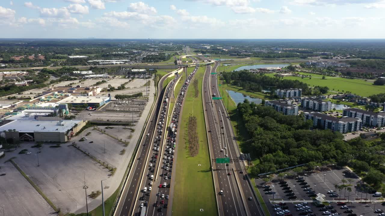 Aerial View Of Heavy Traffic In The Interstate 4 Along The Seminole Towne Center In Sanford, Florida, USA