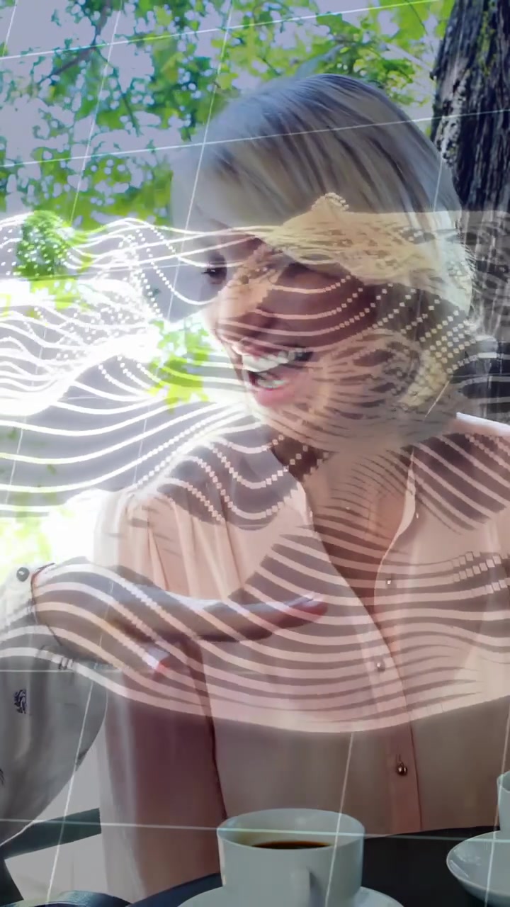 Vertical video: Blond woman leaning at cafe as pal coming greeting making hand touch, wave drifting