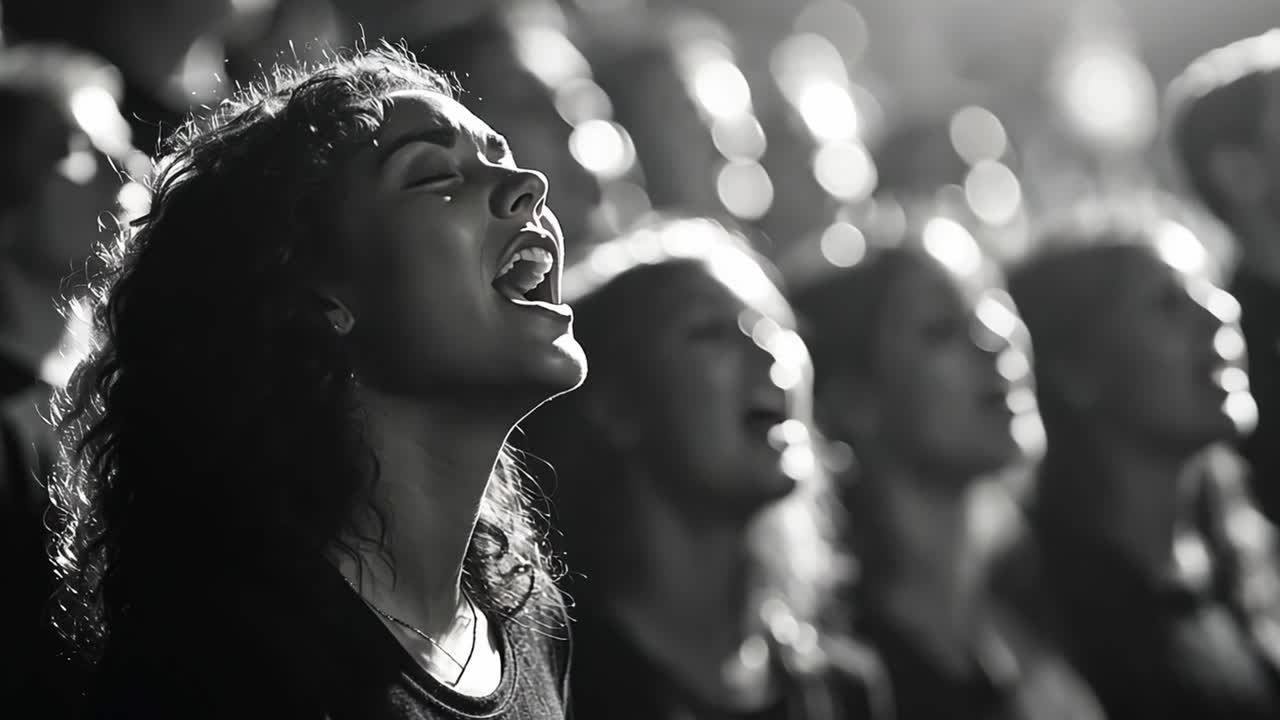 Choir singing in black and white